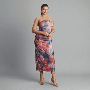 NWT Anthropologie The Soleil Slim Strapless Ruched Mesh Dress Midi Floral 2X